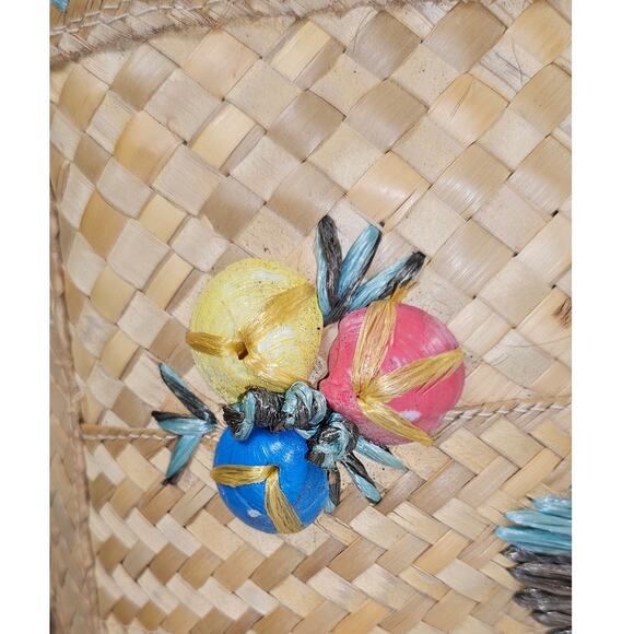 VTG 50s or 60s woven beach bag flat bottom rope handle some frays inside stains - Picture 7 of 11